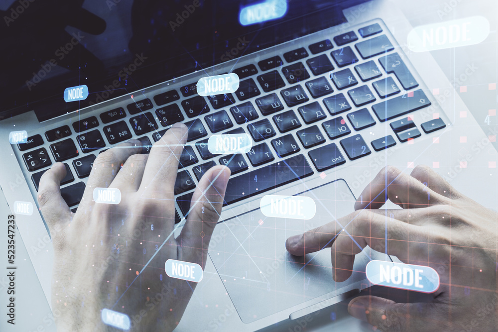 Aufkleber double exposure of abstract programming language hologram with hands typing on laptop on background,