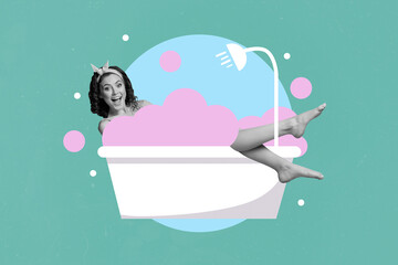 Composite collage picture of excited overjoyed girl black white gamma lay bathtub pink foam bubble isolated on creative background