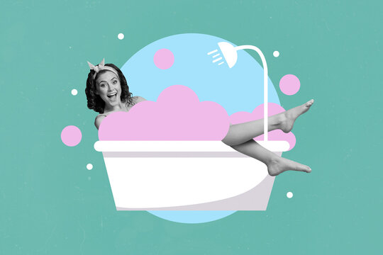 Composite collage picture of excited overjoyed girl black white gamma lay bathtub pink foam bubble isolated on creative background