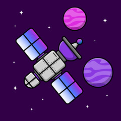 Satellite With Planet Cartoon Vector Icon Illustration. Flat Cartoon Concept