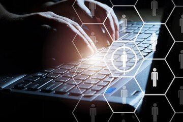 Target customer, buyer persona, marketing segmentation, job recruitment concept. Working on computer focusing on outstanding person.