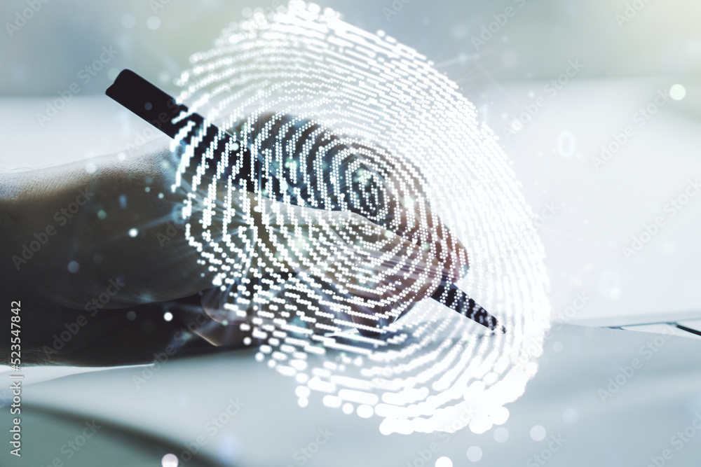 Poster multi exposure of abstract creative fingerprint illustration with man hand writing in notebook on ba