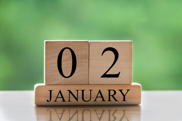 January 2 calendar date text on wooden blocks with blurred background park. Copy space and calendar concept