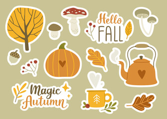 Cozy autumn stickers set. Cute fall season collection. Vector autumnal decoration bundle.