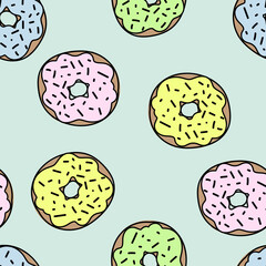 Seamless pattern with yellow and purple donuts, hand draw illustration with blue isolated background