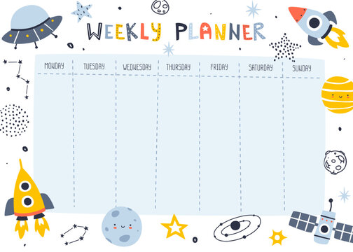 Space weekly planner with rockets and ufo. Scandinavian cosmic design of timetable for kids.