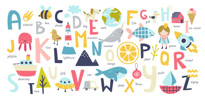 Cute english alphabet for kids with naive doodle pictures. Abc learning cartoon poster for nursery wall.