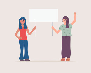 Women activists holding a blank placard. Protest for human rights and social equality. An advertising template or advertisement. Participating in a peaceful demonstration. Vector flat.