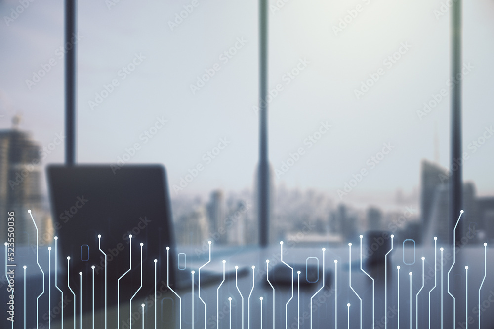 Poster Creative abstract micro chip hologram and modern desktop with pc on background, artificial intelligence and machine learning concept. Multi exposure