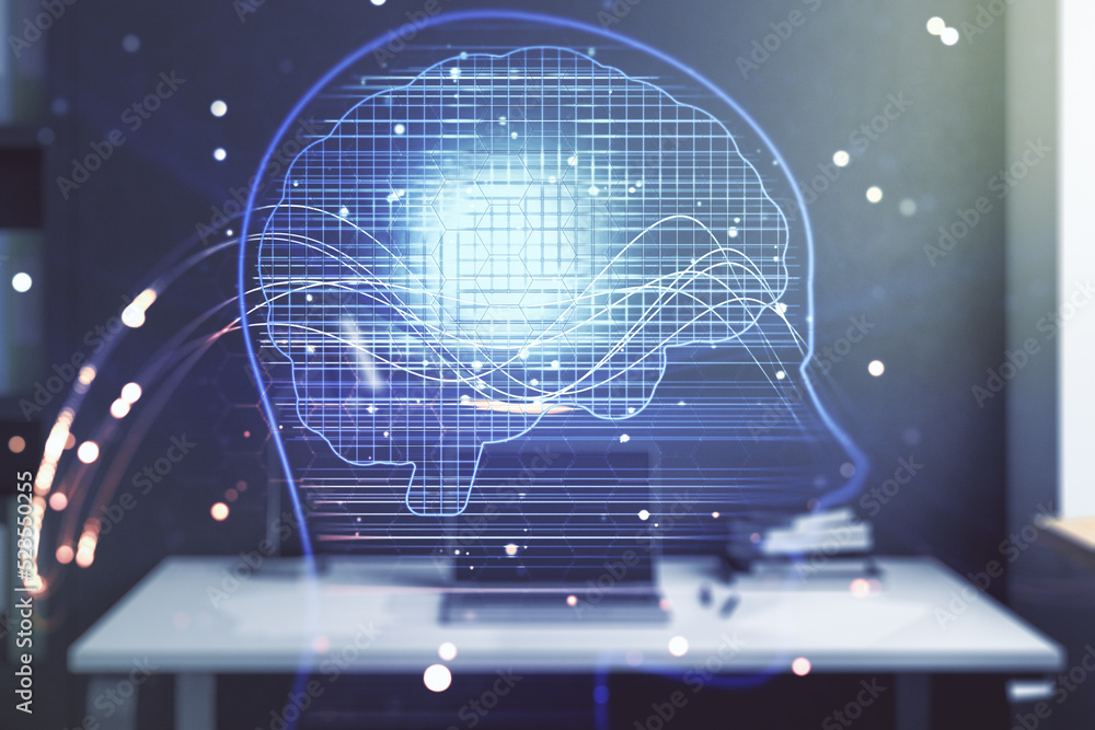 Poster double exposure of creative artificial intelligence symbol and modern desktop with laptop on backgro