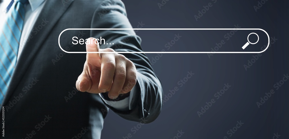 Poster search optimization, searching information online, businessmansearch data on internet finding inform
