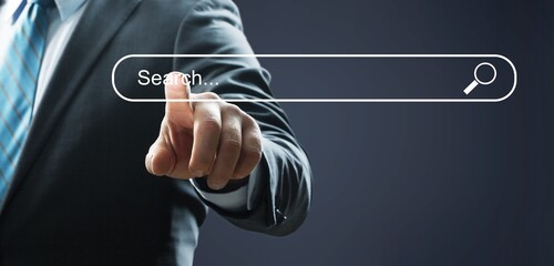 Search Optimization, searching information online, Businessmansearch data on internet finding...