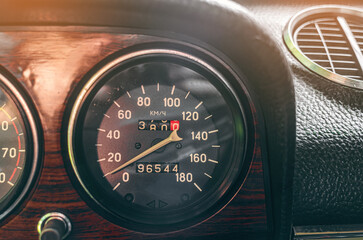 Instrument panel of an old car. View of the Lada car from the inside.Mileage of the car.