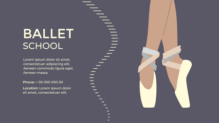 Ballet. Ballet school, essons. Business card. Ballet shoe. Classical ballet dancer. Prima ballerina performance in pointe shoes.Pas. Tutu. Contemporary dance.Colorful Isolated flat vector illustration © Alex Strelnikov