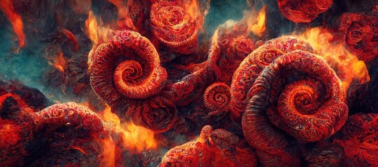 Surreal red rose fire flames unfurls - stranger worm like twirls and ammonite tentacle swirls. Crimson rouge and burning orange mixed with abyss blue colors.