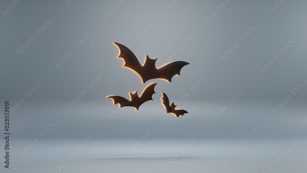Poster beautiful abstract halloween, black bats with orange light symbol on a blue background . 3d renderin