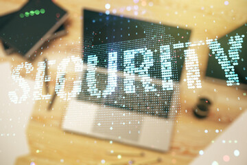 Cyber security creative concept on modern laptop background. Double exposure