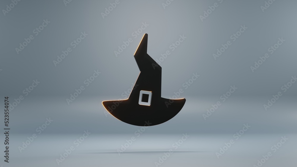Poster beautiful abstract halloween, black which hat with orange light symbol on a blue background . 3d ren
