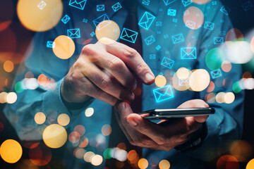 Newsletter and email marketing, businessman sending large amount of messages using his smartphone