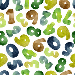 Watercolor seamless pattern with numbers isolated on white background. Perfect for kindergarten design, greeting card, interior poster, baby print.