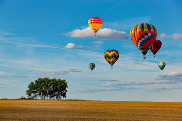 Multicolored hot air balloons fly in blue sky with white clouds over green field.