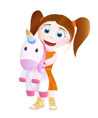 Little girl hugging a unicorn toy. A happy child holds a unicorn in his hands. Vector isolated illustration.