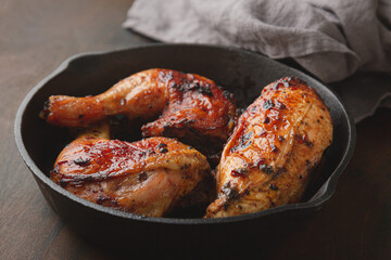 Fried chicken pieces in a frying pan