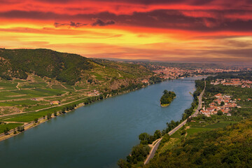 Wachau valley with Danube river and vineyards. Lower Austria.