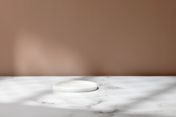 Mock up of white round little podium, tray with window shadow. Minimal cosmetic background for product presentation. Beige background.