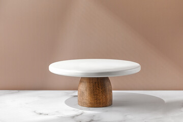 White empty Cake stand, Bakery utensil and dishware. Podium for cake. Minimalist mock up for cake with window shadow.
