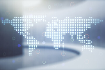 Abstract creative digital world map on modern interior background, globalization concept....