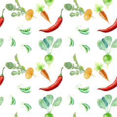 Watercolor pattern of fresh root vegetables on white background: pea, carrot, green radish, turnip, chilli pepper