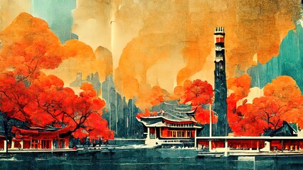 Chinese ink landscape. Colorful 4k painitng with brush and black ink. Traditional asian artwork.  © Fortis Design