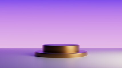 Clean Minimal Podium Display. Modern Trendy 3d Realistic Render of Product Display. Cylindrical Stage with Studio Light in Gold and Purple Pink Colors Template