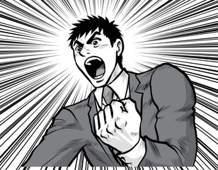 プレゼンで叫ぶ熱血ビジネスマンのイラスト