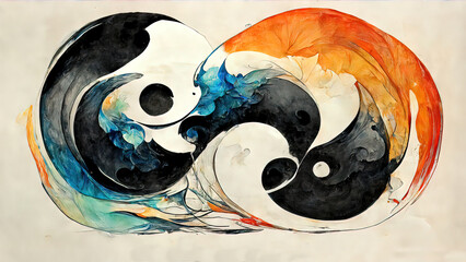 Yin Yang chinese ink painitng. Liquid, fluid abstract yin yang drawing, melting together. - obrazy, fototapety, plakaty