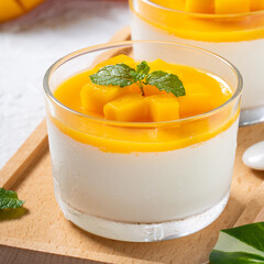 Delicious double colored mango panna cotta mousse pudding on white table background.