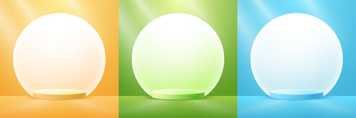 Set of orange, green, blue pedestal podium background for products display presentation.