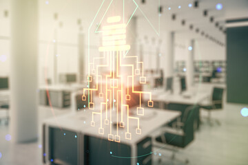 Virtual creative idea concept with light bulb and microcircuit illustration on a modern furnished office background. Neural networks and machine learning concept. Multiexposure