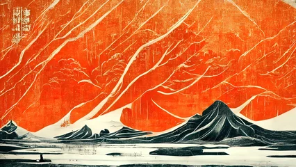 Keuken foto achterwand Herfst, herfst, traditionele Chinese schilderkunst. 4K achtergrond, chinese inkt met oranje kleuren. Oude Aziatische kunst. Landschap, sinaasappelbomen, heuvels, bergen op papier. © Fortis Design