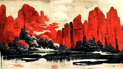Traditional painting chinese ink red landscape. Painting of hills, trees on a textured paper. Old Asian, japanese design. 4k drawing. Beautiful artwork.