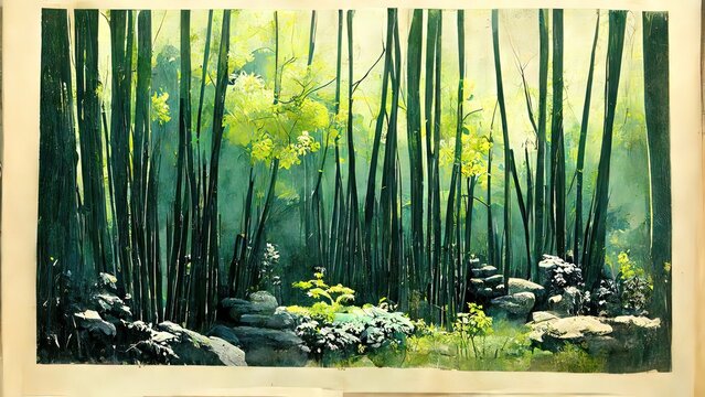 Bamboo forest. Chinese ink painting with green color. 4K  traditional asian artwork with brushes and strokes on paper.