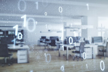 Double exposure of abstract virtual binary code hologram on modern corporate office background. Database and programming concept