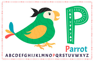Vector alphabet on sea pirate's theme. Letter P. Parrot