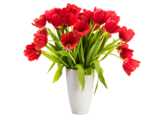 Bunch of red tulips in a white vase isolated with transparent background