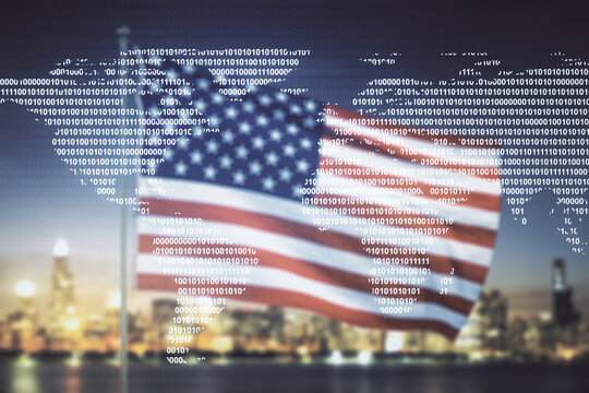 Multi exposure of abstract creative digital world map hologram on USA flag and blurry skyscrapers background, research and analytics concept - Powered by Adobe