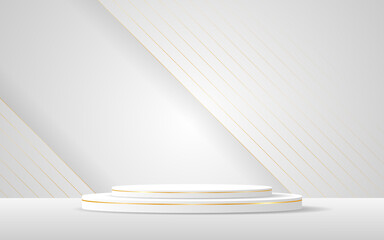 Obraz na płótnie Canvas White podium with elegant gold lines on the back for product presentation. Cosmetic product display. vector illustration 