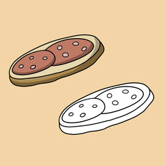 A set of pictures, a simple delicious sausage sandwich, a school breakfast, vector cartoon