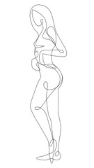 Vector slim girl profile on white background. Graphic linear illustration. Woman with beautiful figure. Elegant pose. Side view. Decorative art element for sports banner, advertisement layout design.