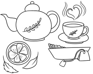 Monochrome picture, Cute set of autumn dishes in cartoon , beautiful ceramic dishes for making tea